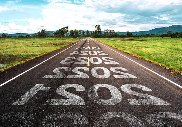 A road with numbers of years painted on it.